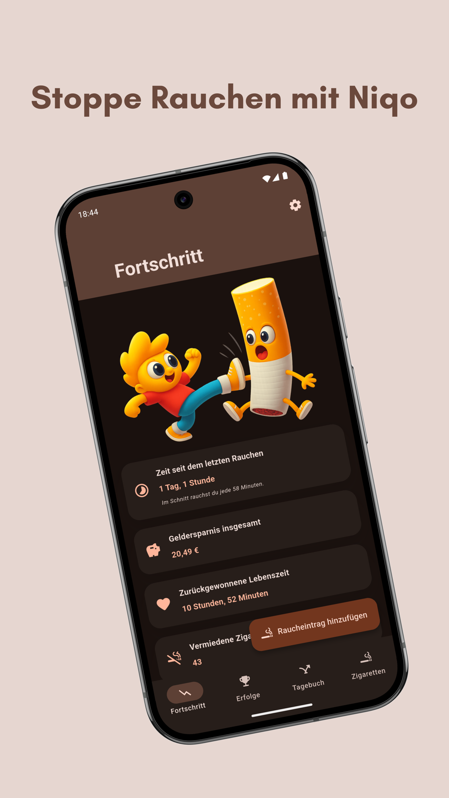 Niqo Fortschritt Bildschirm mit Rauchfrei Timer und Ersparnis Karten Niqo Fortschritt Bildschirm mit Rauchfrei Timer und Ersparnis Karten