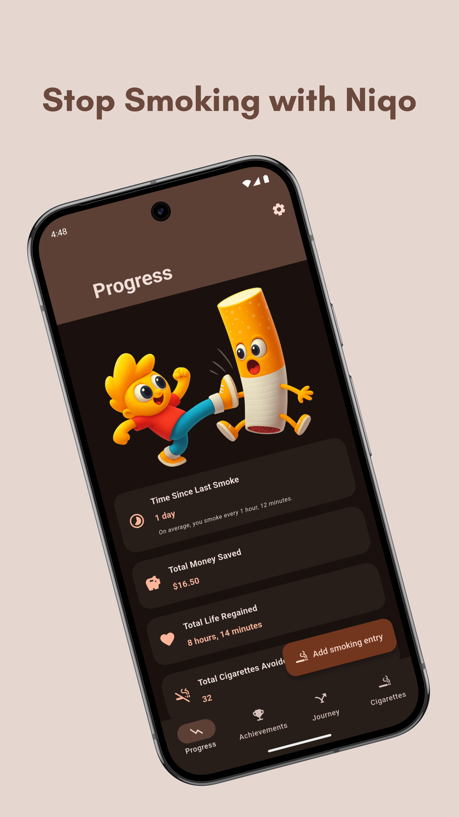 Niqo app progress screen with smoke-free timer and savings cards