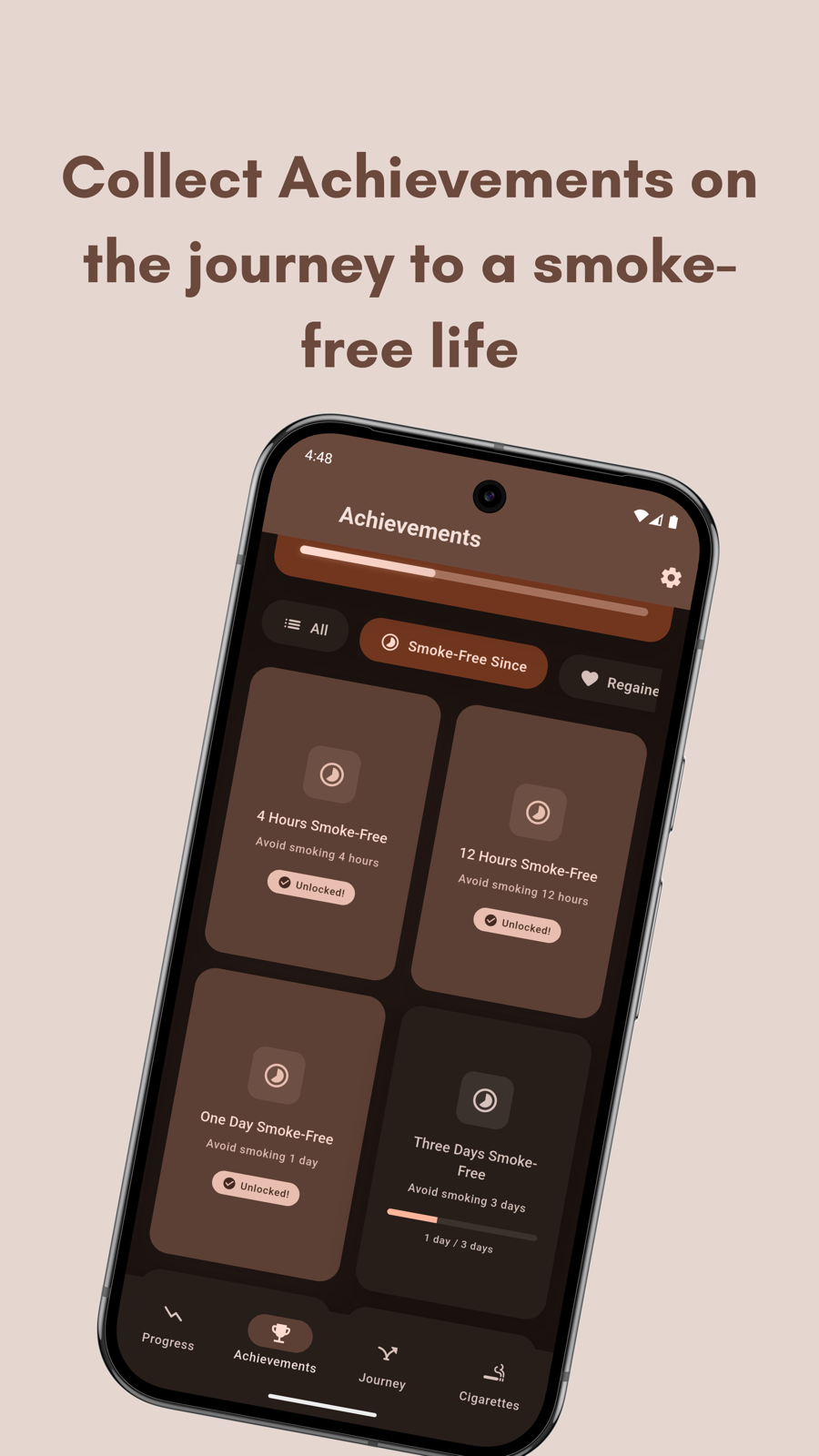 Niqo achievements screen with milestone unlock cards