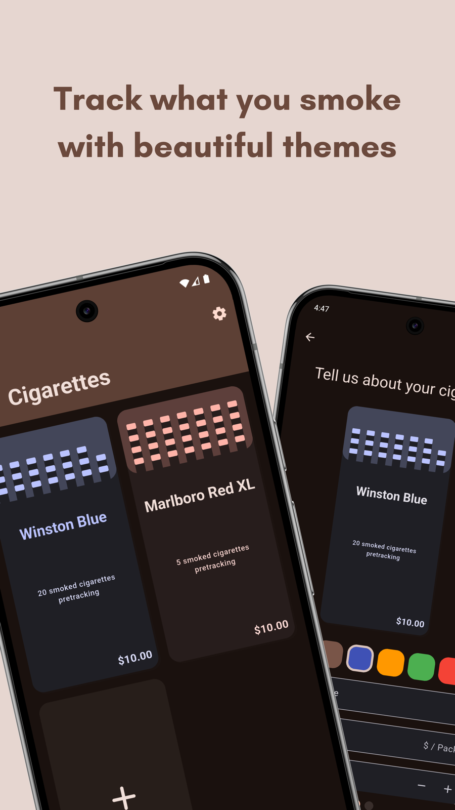 Niqo cigarette brand tracker with customizable colors and pricing