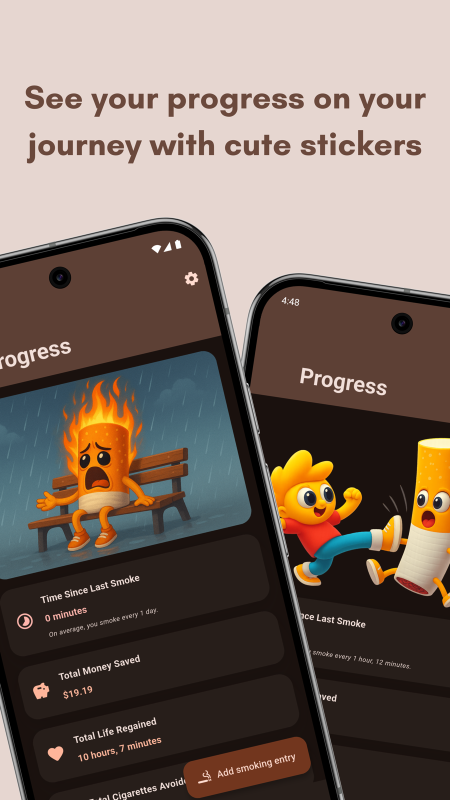 Niqo progress screens with motivational stickers and statistics